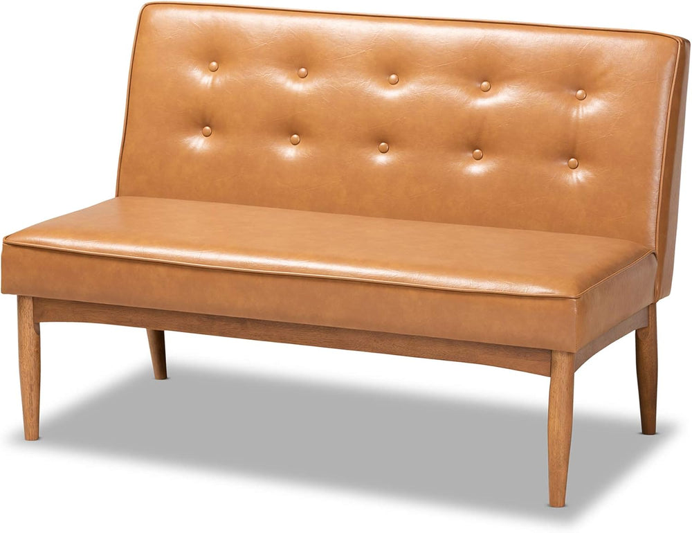 Baxton Studio Arvid Mid-Century Modern Tan Faux Leather Upholstered and Walnu...