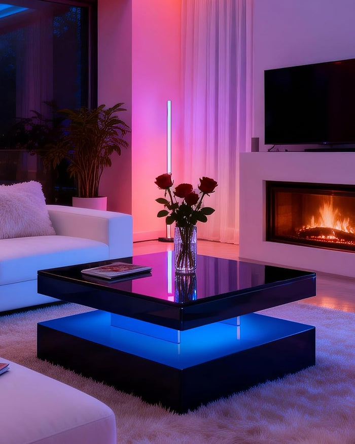 FKWin LED Coffee Table for Living Room with Storage - High Glossy Modern White Center Table with 2 Drawers, Square Wooden Middle Table with 16-Color Lights 31" x 31" x 14.6" (Black)