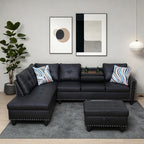 Modern Living Room Furniture Sets with Cup Holder, Modular Sectional Couches with Chaise Lounge, 4-Seaters L Shape Sofa with Storage Ottoman, for Living Room, Faux Leather, Black