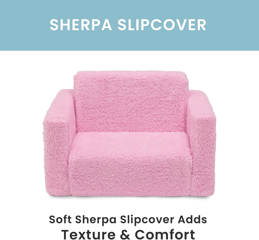 Delta Children Cozee Flip-Out Sherpa 2-in-1 Convertible Chair to Lounger for Kids, Pink