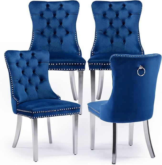 Velvet Upholstered Dining Chairs Set of 4, Modern Style Kitchen Side Chairs with Nailhead Trim and Silver Plated Leg, Metal Pulling Ring for Dining Room Living Room