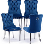 Velvet Upholstered Dining Chairs Set of 4, Modern Style Kitchen Side Chairs with Nailhead Trim and Silver Plated Leg, Metal Pulling Ring for Dining Room Living Room