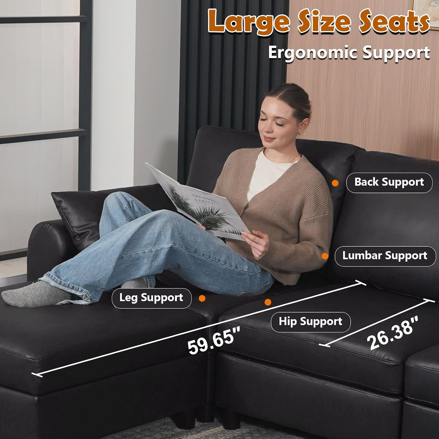 EASE MOOSE Oversized Modular Sectional Sofa, Waterproof & Scratch-Resistant Faux Leather Sofa with Deep Seat, Comfy L-Shaped Sofa with Storage Ottoman, Sectional Couches for Living Room, Black