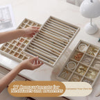 Large Jewelry Organizer for Drawer Insert Velvet Stackable Jewelry Trays for Earring Necklace Bracelet Ring Display (Beige, 16 Grids)
