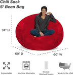 Chill Sack Bean Bag Chair - 5' Giant Memory Foam Lounge Chair with Soft Microfiber Cover – Cozy Furniture for Living Room, Dorm, & Kids' Rooms – Comfortable 5 Ft, Ultrafur Lounge Sofa, Red