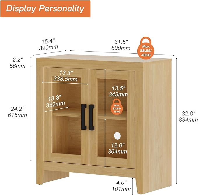 WAMPAT Farmhouse TV Stand for TVs up to 50”, Rustic Wood Entertainment Center with Adjustable Shelf, Glass Doors & Storage, Media Console Cabinet for Living-Room, Bedroom, Oak