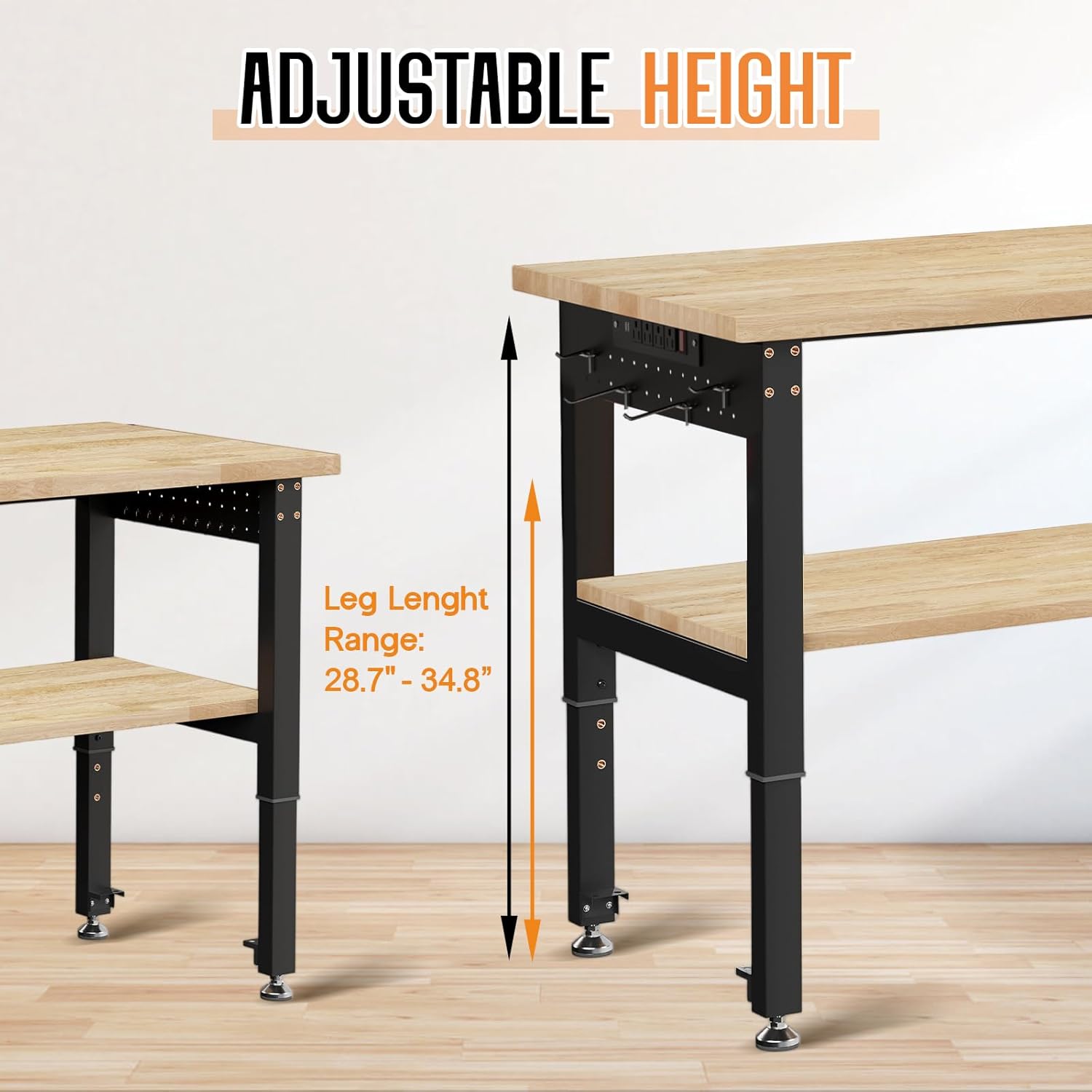 SPECRAFT Adjustable 2-Tier Workbench with 4 AC Outlet and 2 USB Ports Power Outlets, 2000 Lbs Capacity Heavy Duty Workbench, Rubber Wood Top for Garage, Workshop, Office（48x20in）