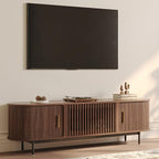 POVISON Fully-Assembled Mid Century Modern TV Stand for 65 inch TV, Sliding Door Entertainment Center with Storage, Wood TV Console, Media Console for Living Room Bedroom(Walnut, 70.87")