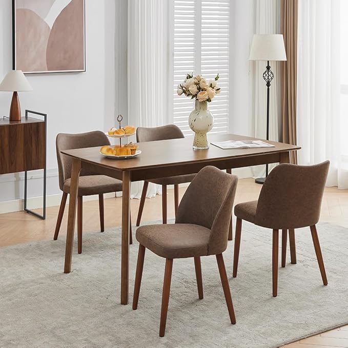 Dining Chair Set of 4, Leather Upholstered Dining Chair with Wood Legs, Wing Backrest, Wooden Kitchen Chair, Kitchen Chairs with Thick Cushions for Dining Room, Living Room, Taupe