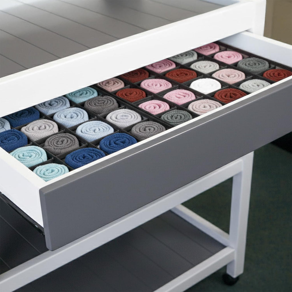 24-Cell Drawer Organizer, 4-Pack 12x12x4in Gray | Foldable storage box, 24 cells, 12x12x4 inches, maximizes drawer/wardrobe space, for socks/underwear/bras/ties.