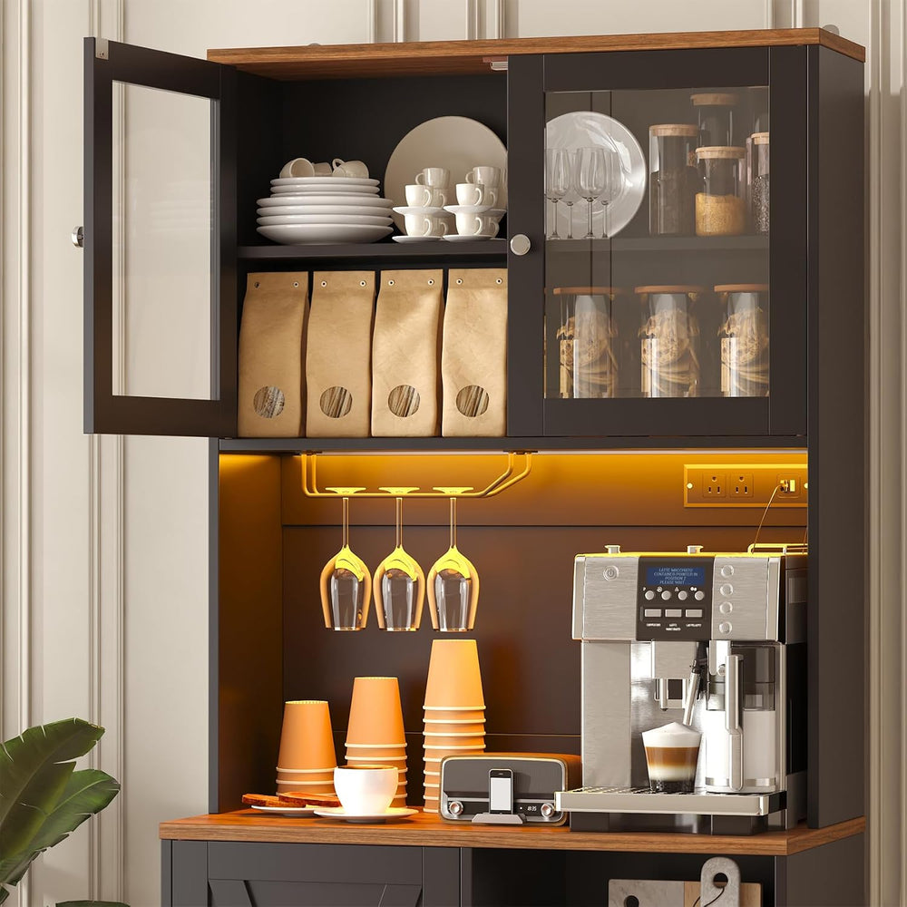 71" Tall Coffee Bar Cabinet with Storage Hutch, Farmhouse Kitchen Pantry...