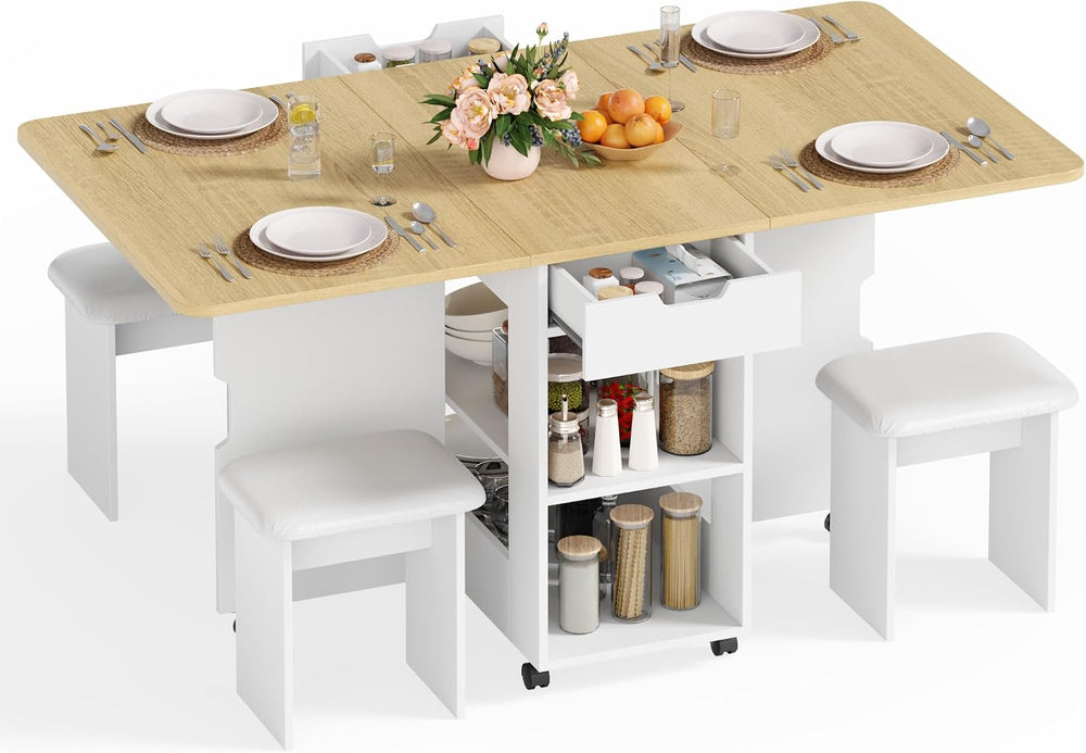 Mondeer Folding Dining Table and Chairs Set 4, 55" Space Saving Table wi...