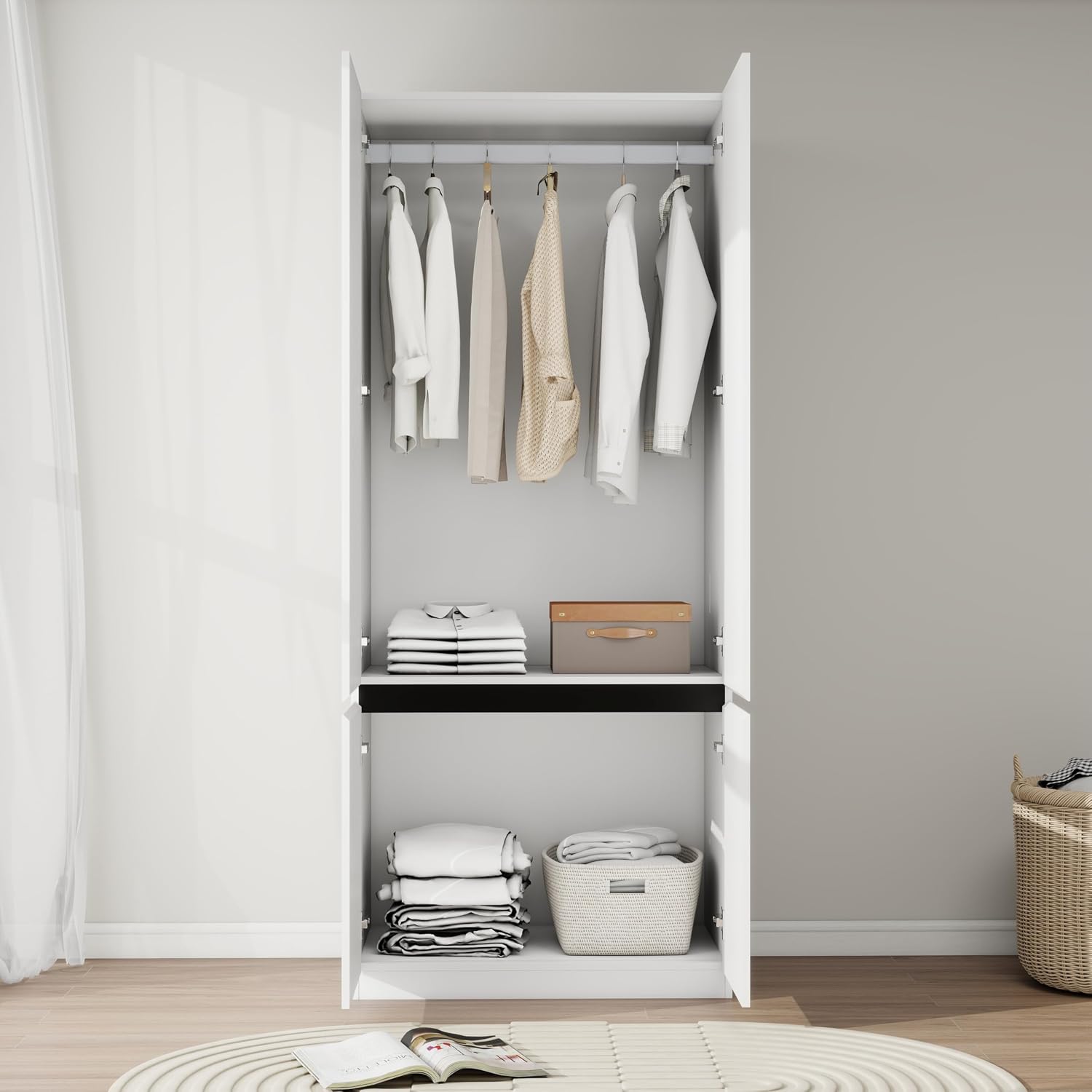 Bedroom Armoire Wardrobe Closet with 2 Doors: 75" White Wardrobe Cabinet for Clothes, Wooden Closet with Hanging Rod, Modern Armoire with Shelves (1)