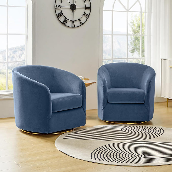 HULALA HOME Swivel Accent Chair with Gold Metal Base, Set of 2 Contemporary Velvet Curved Swivel Barrel Chair, Upholstered Club Armchair, Leisure Single Sofa for Living Room, Bedroom(Slate-Blue)