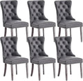 Leather Dining Chair Set of 6, Dining Room Chairs with Nailhead Ring Pull Trim, Upholstered Dining Chairs with Solid Wood Legs for Kitchen Dining Room (Grey)