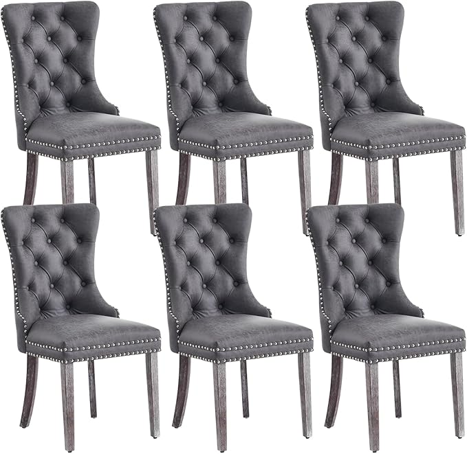Leather Dining Chair Set of 6, Dining Room Chairs with Nailhead Ring Pull Trim, Upholstered Dining Chairs with Solid Wood Legs for Kitchen Dining Room (Grey)