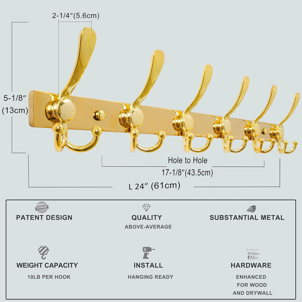 Dseap Coat Rack Wall Mount 2.0 Pro: 24” Long, 3X Tougher, Heavy Duty Stainless Steel Wall Coat Hanger with 6 Tri Hooks for Clothes Jackets Hats Entryway Closet, Gold, Pack of 2
