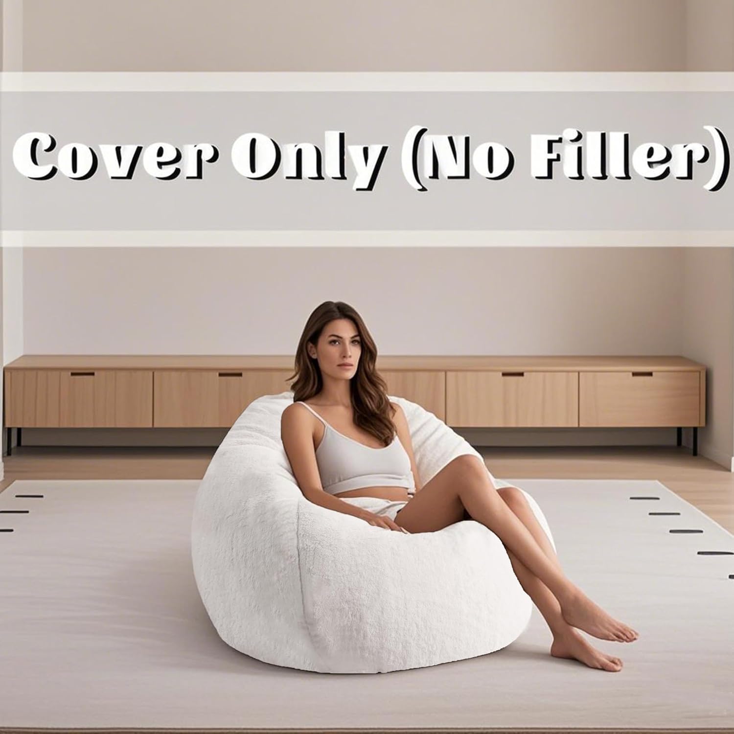 Faux Fur Comfy Bean Bag Chair Cover (No Filler), Fluffy Stuffed Animal Storage Bean Bag Covers Large Sofa for Adults, Premium Furry Fuzzy Bean Bag for Living Room Bedroom, Light Gray