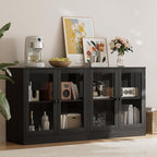 TUSY 71" TV Stand Storage Set - 2 Tall Bookcases & 2 Side Cabinets, Media Console with Glass & Wood Doors, Entertainment Center with Drawers, Tall Media Console for Living Room (Black, ADDA)