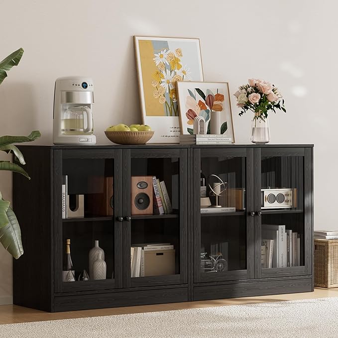 TUSY 71" Large TV Stand Set - TV Entertainment Center for TVs up to 65", Media Center with Tempered Glass Doors and Drawer, TV Hutch with Bookshelves for Living Room (Black, BDDB)