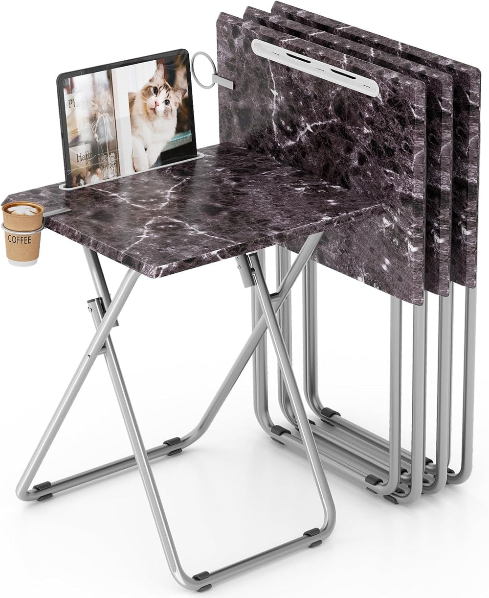 Folding TV Tray Table with Cup Holder, TV Dinner Table with Sturdy MDF Top, E...