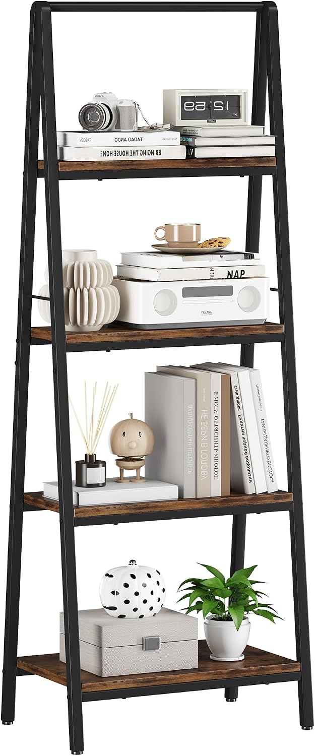 Homeiju Ladder Shelf, 4-Tier Leaning Ladder Bookshelf, Rustic and Wood Ladder Shelf Bookcase, Industrial Ladder Shelf Storage Rack for Home Office, Bedroom, Bathroom or Kitchen