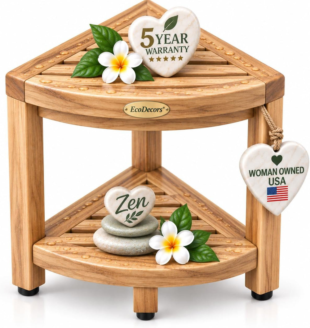 EcoDecors Corner Shower Stool with Shelf, Solid Teak Shower Bench