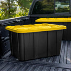 Sterilite Industrial Storage Tote with Lids for Garage, 27 Gallon, 4-Pack | Heavy-Duty and Stackable Utility Box Containers for Home, Office, and Basement Organization, Black/Yellow
