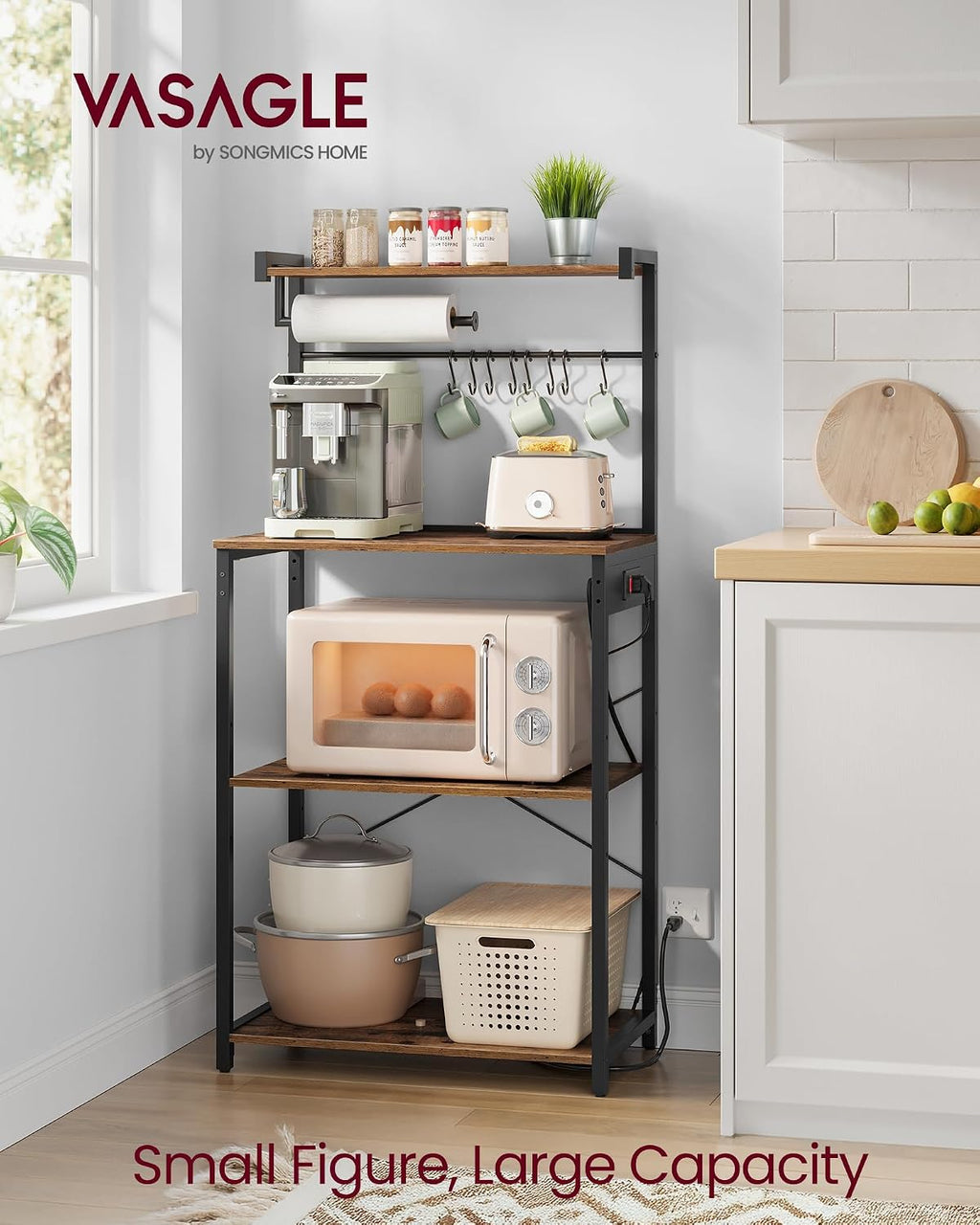 VASAGLE BARNET Collection - Kitchen Bakers Rack with Power Outlet, 23.6-Inch Wide Coffee Bar 4-Tier with 8 S Hooks, Modern Microwave Stand, Adjustable Shelf, Rustic Brown and Ink Black UKKS014K01V1