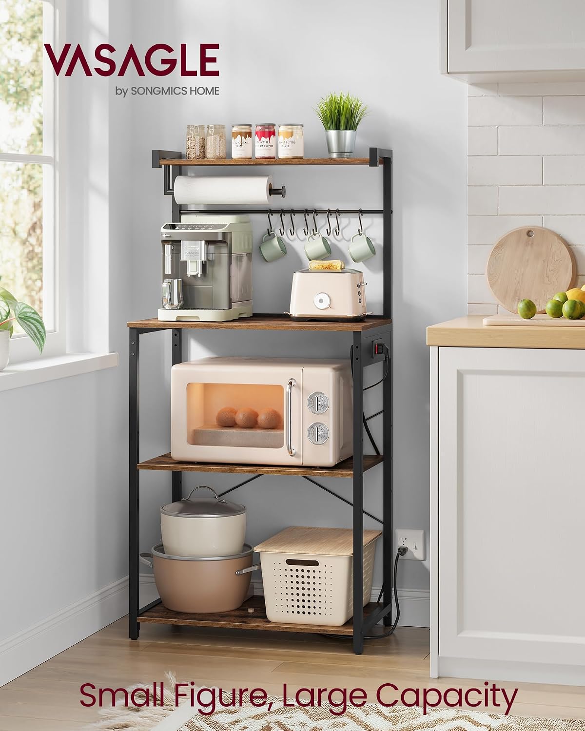 VASAGLE BARNET Collection - Kitchen Bakers Rack with Power Outlet, 23.6-Inch Wide Coffee Bar 4-Tier with 8 S Hooks, Modern Microwave Stand, Adjustable Shelf, Rustic Brown and Ink Black UKKS014K01V1