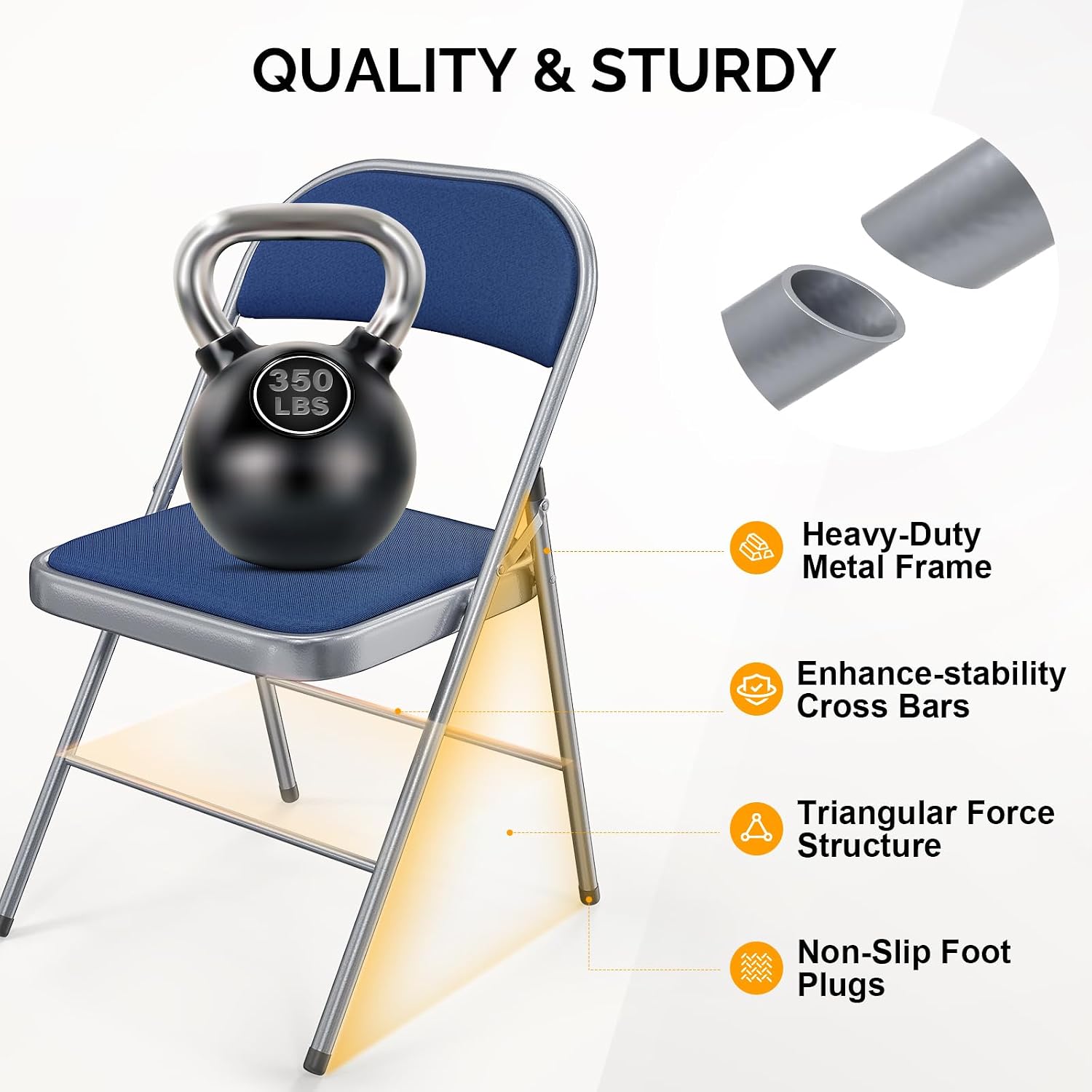 Bonnlo Folding Chair, Fabric Padded Folding Chairs with Cushion, Back and Steel Frame for Indoor Outdoor Outside Dinning Office Camping Use, Blue, 6 Pack