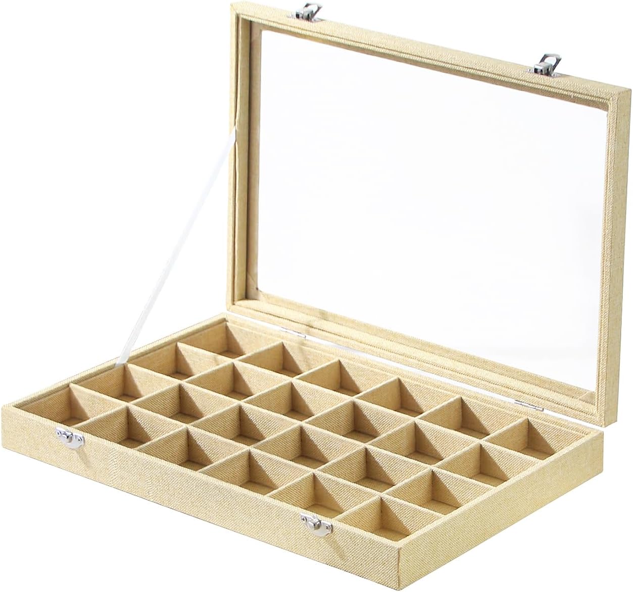 Coward Jewelry Organizer Box, Yellow Linen 24 Grids Ring Earring Jewelry Display Tray Case with Transparent Glass Lid for Home Drawer or Shop Selling