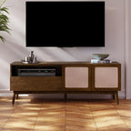 Calista TV Stand 1 Drawer 2 Door – Chestnut Finish Media Console with Open Shelf & Fabric Panel Doors, Mid-Century Modern Style with Tapered Legs, Easy Assembly