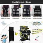 Lumizone Folding Tool Cart with Drawer and Pegboard Hooks Rolling Utility Service Cart on Wheels for Garage Organizer Foldable Power Tool Storage Heavy Duty Steel (Tool Cart with Drawer+Hooks)
