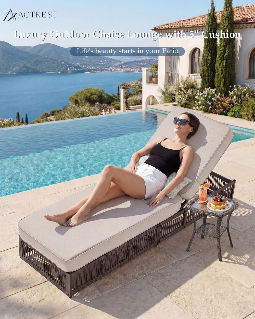 Luxury Outdoor Chaise Lounge with 5 Inch Thickened Cushion - 1 Set High Back ...
