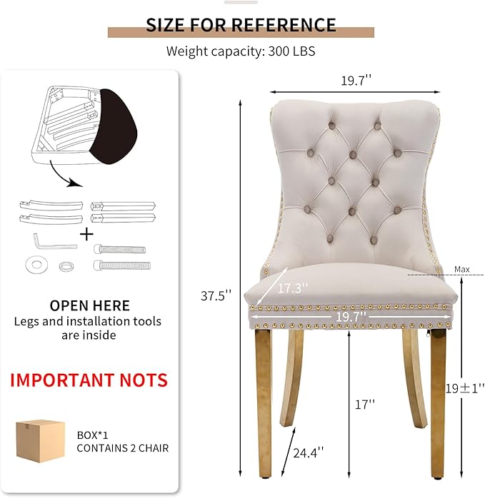 Mid Century Modern Dining Chairs Set of 2, Beige Velvet Upholstered Tufted Back, Kitchen & Dining Room Chairs, Gold Metal Legs, Nailhead Trim, Sillas para Comedor (Beige, 2 Pcs)