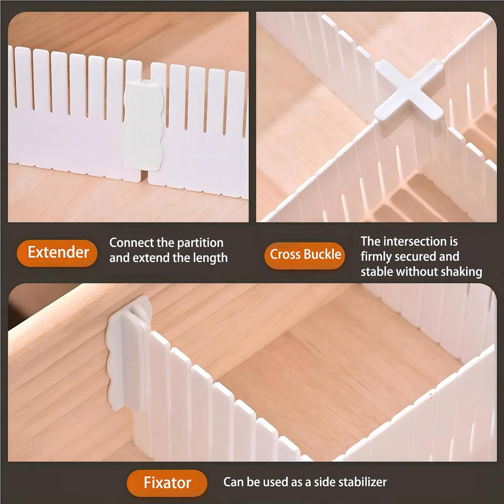Adjustable Plastic Drawer Separators, 15 PCS Dividers + 25 Connectors, 14.96" Length x 4.33" Height, Cuttable Storage Organizer for Socks, Garments, Kitchen Tools, Bedroom & Bathroom Drawers