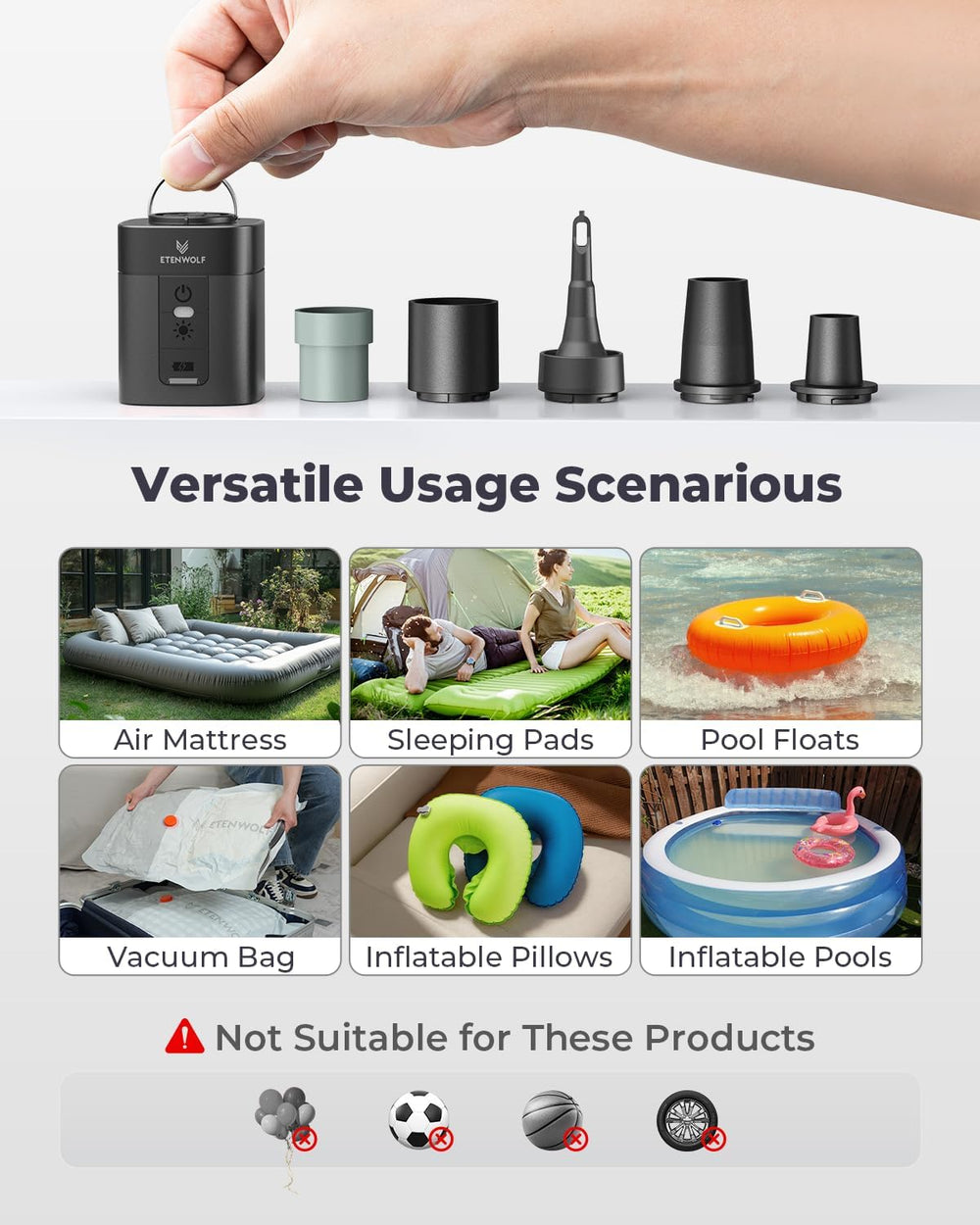 ETENWOLF AIR 3 Air Pump for Inflatables with 2600mAh Battery& Camping Light