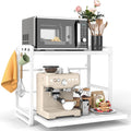 2-Tier Microwave Rack - Height Adjustable & Extendable Kitchen Shelf with Drawer - Carbon Steel - Includes Hooks & Reinforcement Suction Cups - Easy Assembly (White)