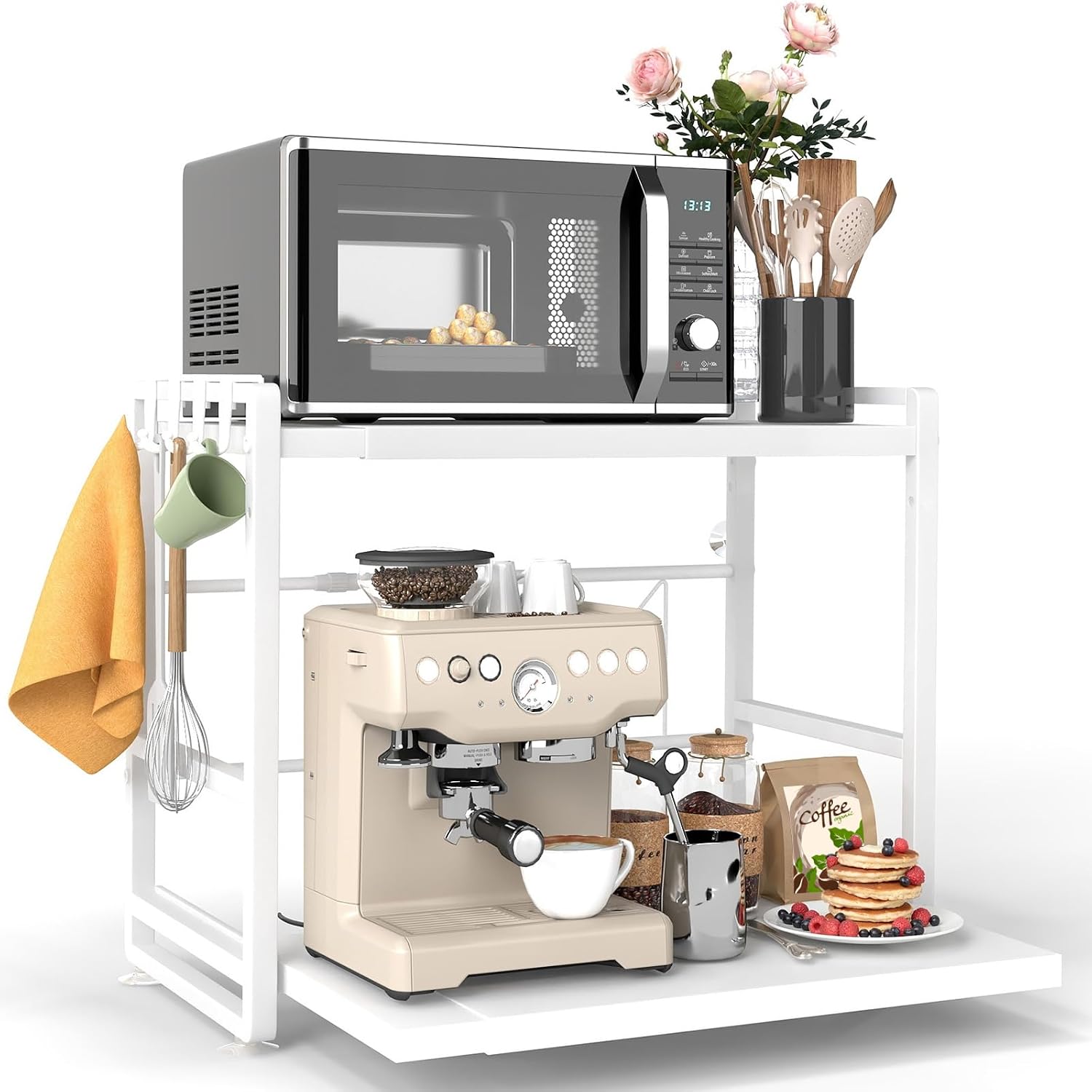 2-Tier Microwave Rack - Height Adjustable & Extendable Kitchen Shelf with Drawer - Carbon Steel - Includes Hooks & Reinforcement Suction Cups - Easy Assembly (White)