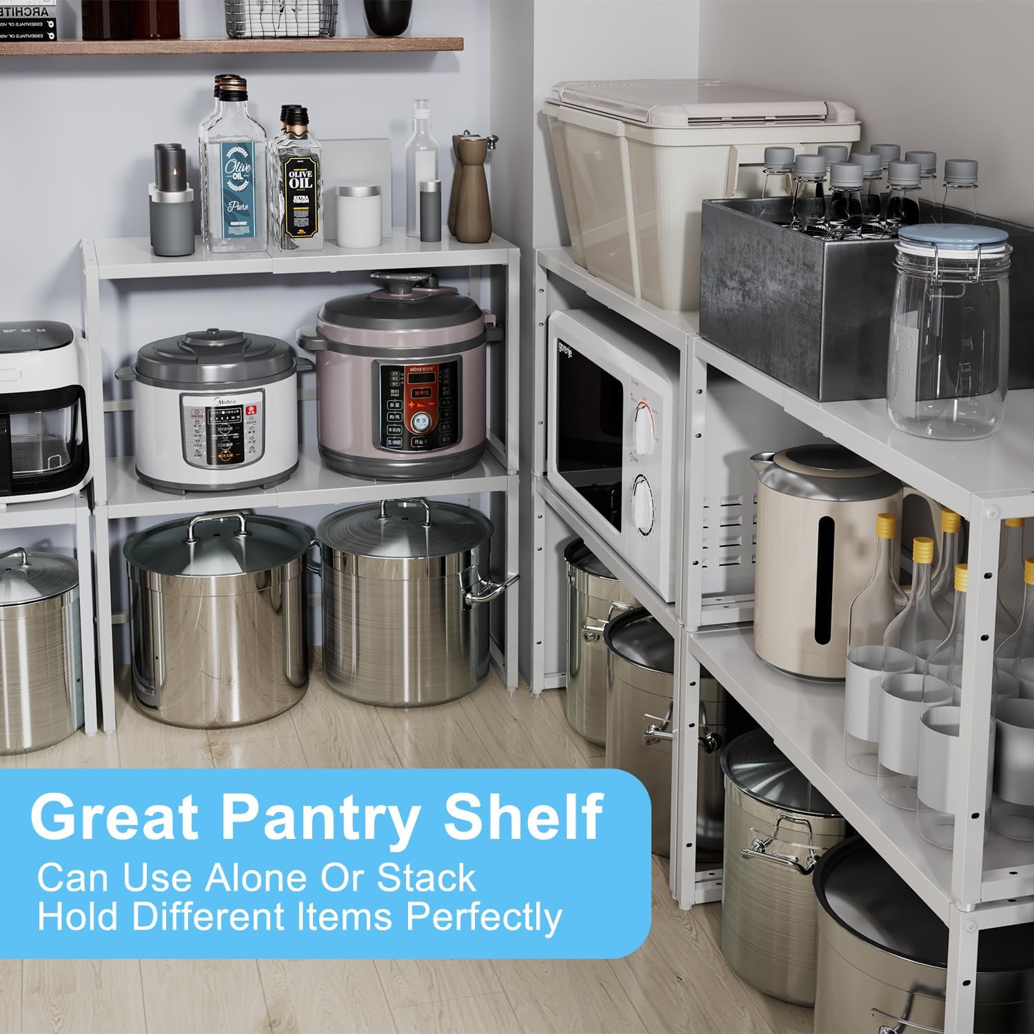 2 Pack Expandable Kitchen Storage Shelves,110LBS Heavy Duty Metal Shelving Unit and Storage for Pot Pans,Adjustable Stackble Small Storage Shelf Organizer for Kitchen Under Cabinet Pantry Garage,White
