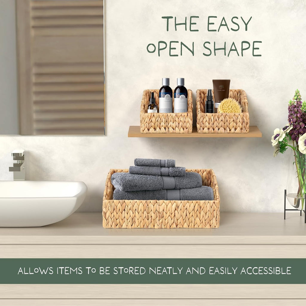 Set of 3 Handwoven Storage Baskets – Decorative Natural Wicker Organizer Bins with Built-in Handles for Bathroom, Kitchen, Pantry, Nursery, Closet, Laundry, Living Room, and Home Use