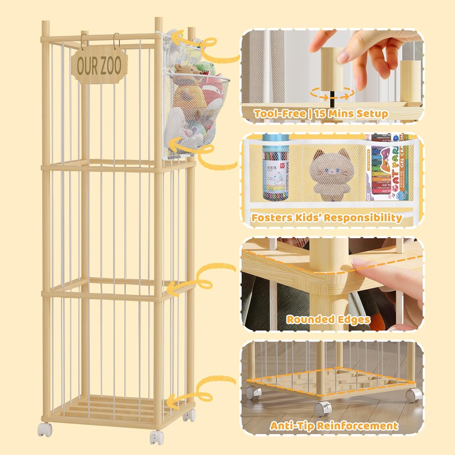 Stuffed Animal Storage with Net Wooden Toy Storage Organizer Stuffed Animal Zoo Storage with Lockable Wheels for Toddler Rooms, Playrooms & Bedrooms (2-Layers)