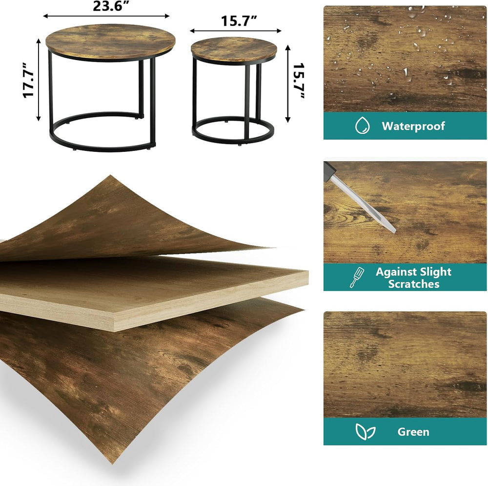 Smuxee Nesting Coffee Table Set of 2, 23.6" Round Coffee Table Rustic Wo...