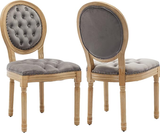 French Country Dining Chairs Set of 2, Gray Kitchen & Dining Room Chairs, Velvet Kitchen Chairs, Tufted Upholstered, Wood Legs, Sillas De Comedor (Velvet, Grey, 2 Pcs)