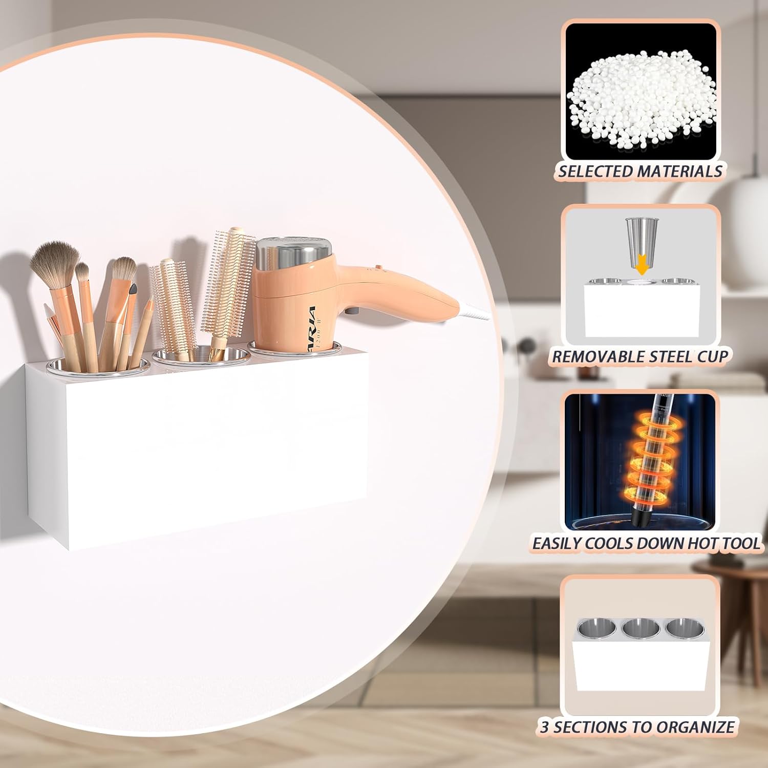 Hair Tool Organizer, Wall Mount Hair Dryer Holder with 3 Cups, Vanity Acrylic Hair Styling Tools Organizer for Curling Iron Straightener Styling Tools Bathroom Storage (3 Cups White)
