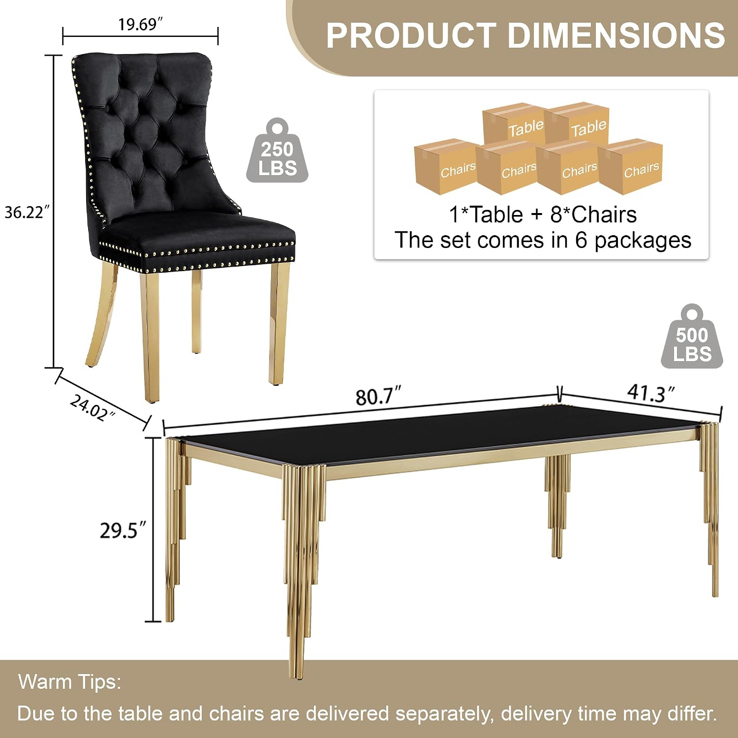 9 Piece Glass Dining Table Set for 8, 81" Rectangle Kitchen Table with 8 Black Velvet Upholstered Chairs, Tempered Glass Tabletop with Stainless Steel Legs, for Kitchen and Dining Room, Gold Black
