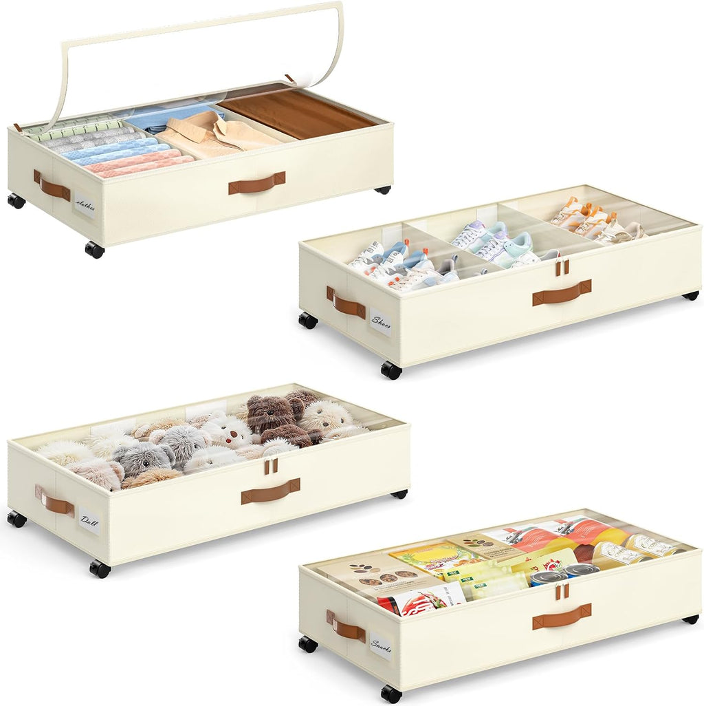 Yecaye Under Bed Storage with Wheels, 4 Pack Under Bed Storage Containers with Adjustable Dividers & Clear Window, Rolling Underbed Organizer Bins Drawers for Clothes, Shoes, Blankets, Beige