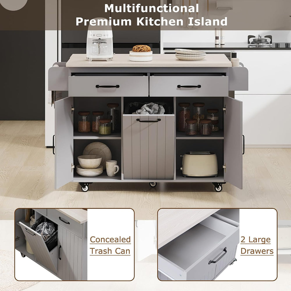 51" Rolling Kitchen Island with Tilt-Out Trash Cabinet & Drop Leaf |...