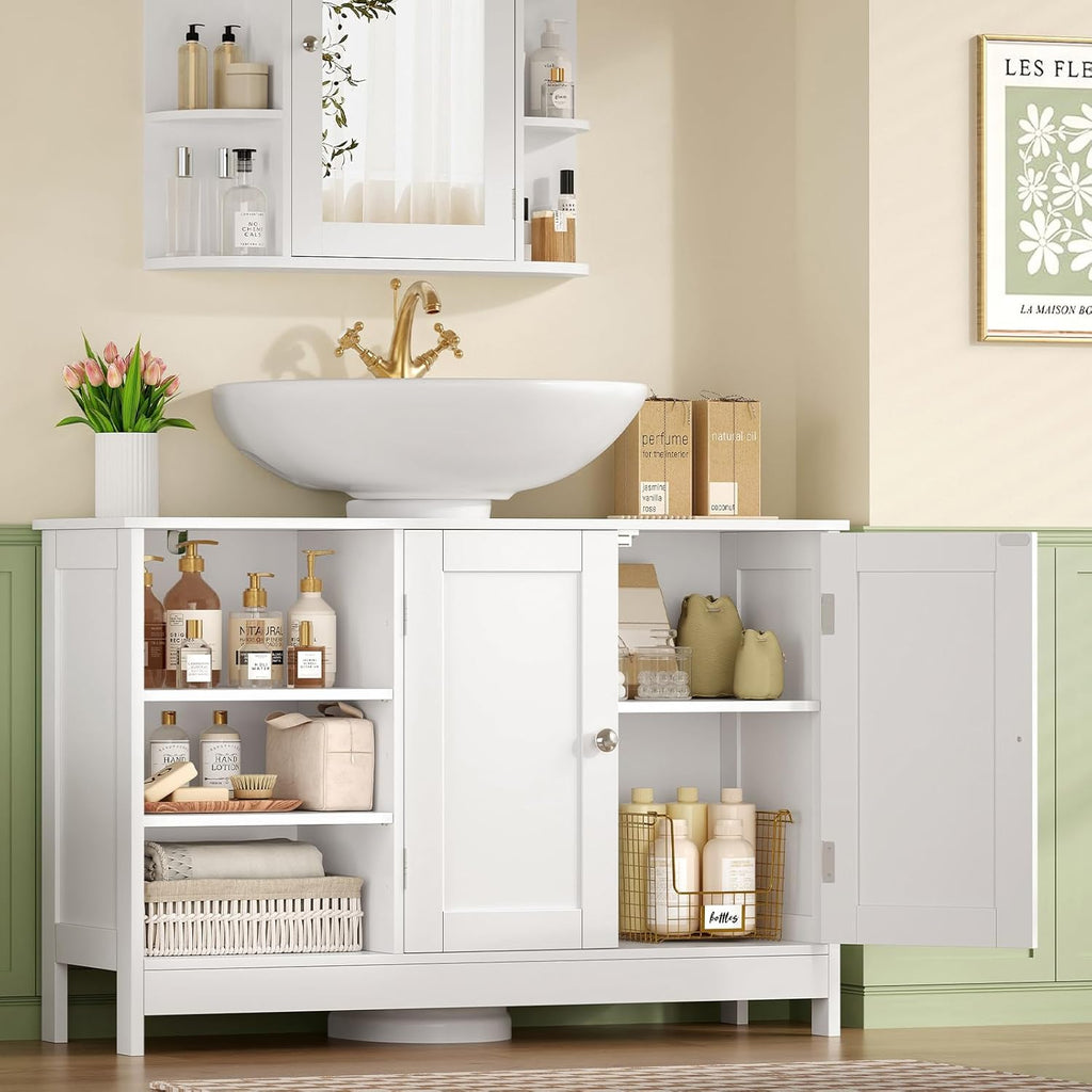 TEENFON 35.4" Pedestal Sink Storage Cabinet with 2 Doors and Adjustable Shelves, Bathroom Sink Cabinet, Under Sink Storage with U-Shape Cut-Out, White